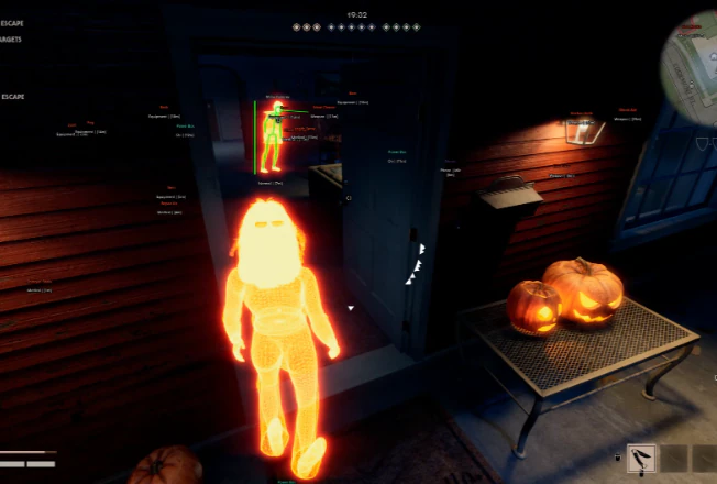 Halloween the Game cheat gameplay with skeleton ESP box ESP name tags HP bars and head aim markers on Myers and survivors
